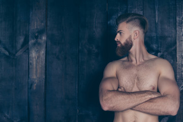 Vintage pampering lifestyle concept. Portrait of handsome attractive sexual strong neat groomed stylish trendy sporty sportive muscular brave powerful man isolated on wooden planks background