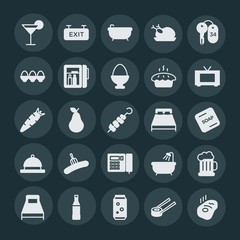Modern Simple Set of food, hotel, drinks Vector fill Icons. ..Contains such Icons as chicken,  ripe,  food,  seafood,  spa,  care,  glass and more on dark background. Fully Editable. Pixel Perfect.