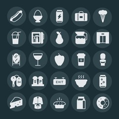 Modern Simple Set of food, hotel, drinks Vector fill Icons. ..Contains such Icons as  bath,  bread,  robe,  cold,  food, can,  suitcase and more on dark background. Fully Editable. Pixel Perfect.