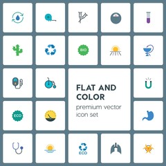 Fototapeta premium Modern Simple Set of health, science, nature Vector flat Icons. ..Contains such Icons as ecology, stethoscope, eco, girl, doctor, weight and more on grey background. Fully Editable. Pixel Perfect