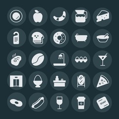 Modern Simple Set of food, hotel, drinks Vector fill Icons. ..Contains such Icons as  green, water,  leaf,  paper,  jug,  slice, solid, food and more on dark background. Fully Editable. Pixel Perfect.