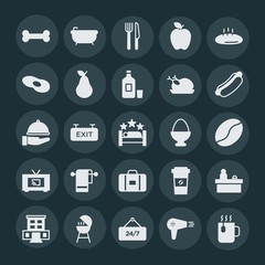 Modern Simple Set of food, hotel, drinks Vector fill Icons. ..Contains such Icons as bone,  travel,  hairdryer,  skeleton,  spa,  paper,  24 and more on dark background. Fully Editable. Pixel Perfect.