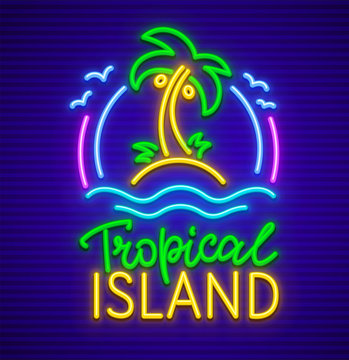 Tropical Island Neon Sign With Palm Tree. Icon Made Of Lamps