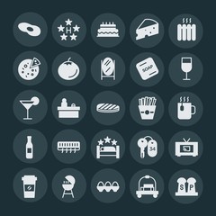 Modern Simple Set of food, hotel, drinks Vector fill Icons. ..Contains such Icons as  easter,  business,  ingredient,  meal,  office,  white and more on dark background. Fully Editable. Pixel Perfect.