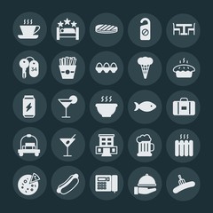 Modern Simple Set of food, hotel, drinks Vector fill Icons. ..Contains such Icons as  coffee,  door, hot,  set,  cheese,  closeup,  meal and more on dark background. Fully Editable. Pixel Perfect.