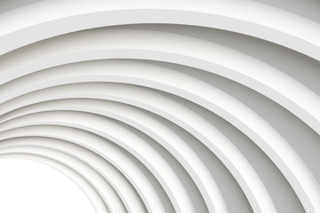Architectural vector 3d background. A modern white concrete arched ceiling in perspective. The same semicircular shape. The light in the end.