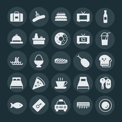 Modern Simple Set of food, hotel, drinks Vector fill Icons. ..Contains such Icons as food, key,  temperature,  car,  white,  suitcase,  city and more on dark background. Fully Editable. Pixel Perfect.