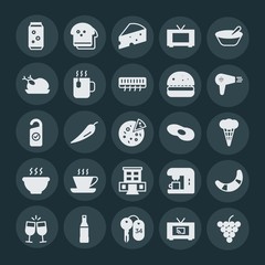 Modern Simple Set of food, hotel, drinks Vector fill Icons. ..Contains such Icons as  toast,  flat,  can,  party,  dessert,  machine,  loaf and more on dark background. Fully Editable. Pixel Perfect.