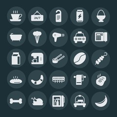 Modern Simple Set of food, hotel, drinks Vector fill Icons. ..Contains such Icons as  fresh,  disturb,  food, hot, beef,  rosemary,  yellow and more on dark background. Fully Editable. Pixel Perfect.