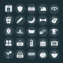 Modern Simple Set of food, hotel, drinks Vector fill Icons. ..Contains such Icons as  hot,  food,  drink,  movie,  television,  luxury,  air and more on dark background. Fully Editable. Pixel Perfect.
