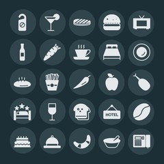 Modern Simple Set of food, hotel, drinks Vector fill Icons. ..Contains such Icons as  hamburger,  door,  hotel,  city,  bean,  bread,  salad and more on dark background. Fully Editable. Pixel Perfect.