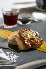 Fried Goose Liver .Foie Gras with Mango Puree.