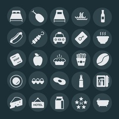 Modern Simple Set of food, hotel, drinks Vector fill Icons. ..Contains such Icons as  fried,  bed,  refrigerator,  leaf,  piece,  sign, bath and more on dark background. Fully Editable. Pixel Perfect.
