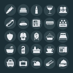 Modern Simple Set of food, hotel, drinks Vector fill Icons. ..Contains such Icons as  white,  celebration,  roasted,  dinner, beverage,  cup and more on dark background. Fully Editable. Pixel Perfect.