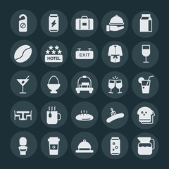 Modern Simple Set of food, hotel, drinks Vector fill Icons. ..Contains such Icons as  can,  drink,  jug, bread,  baggage, water,  loaf, can and more on dark background. Fully Editable. Pixel Perfect.