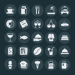 Modern Simple Set of food, hotel, drinks Vector fill Icons. ..Contains such Icons as  dinner,  hygiene,  summer,  knife,  breakfast,  toilet and more on dark background. Fully Editable. Pixel Perfect.