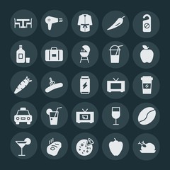 Modern Simple Set of food, hotel, drinks Vector fill Icons. ..Contains such Icons as  pepper,  clean, food, sweet,  modern,  red,  cheese and more on dark background. Fully Editable. Pixel Perfect.