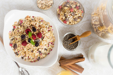 Healthy Breakfast Muesli With Milk, Chia Seeds, Berries and Cinnamon. Sunny Morning.