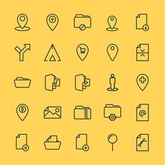 Modern Simple Set of location, folder, files Vector outline Icons. ..Contains such Icons as  icon,  add,  catalog, sign,  direction, add and more on yellow background. Fully Editable. Pixel Perfect.