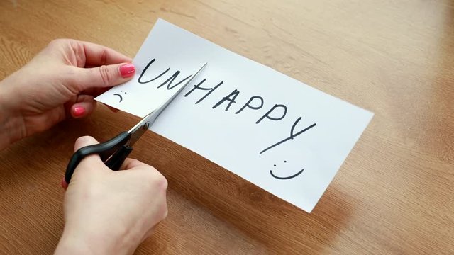 The word writen on the paper unhappy made as happy
