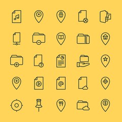 Modern Simple Set of location, folder, files Vector outline Icons. ..Contains such Icons as  symbol,  harbor,  cloud,  airplane, school and more on yellow background. Fully Editable. Pixel Perfect.