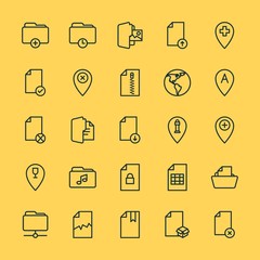 Modern Simple Set of location, folder, files Vector outline Icons. ..Contains such Icons as  add,  business,  location, check, broken, box and more on yellow background. Fully Editable. Pixel Perfect.