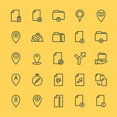 Modern Simple Set of location, folder, files Vector outline Icons. ..Contains such Icons as document,  arrow, sign,  pin, music,  icon and more on yellow background. Fully Editable. Pixel Perfect.