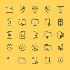 Modern Simple Set of location, folder, files Vector outline Icons. ..Contains such Icons as check,  icon, network, close,  car,  concept and more on yellow background. Fully Editable. Pixel Perfect.