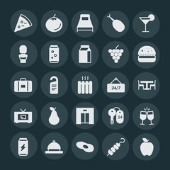 Modern Simple Set of food, hotel, drinks Vector fill Icons. ..Contains such Icons as  toast, door,  kebab,  dinner,  party,  alcohol,  meal and more on dark background. Fully Editable. Pixel Perfect.