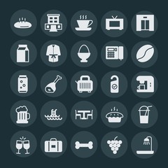 Modern Simple Set of food, hotel, drinks Vector fill Icons. ..Contains such Icons as  building,  celebration,  bag, hotel,  glass,  food and more on dark background. Fully Editable. Pixel Perfect.