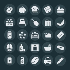 Modern Simple Set of food, hotel, drinks Vector fill Icons. ..Contains such Icons as  carrot,  water,  healthy,  bean, hotel, food, beef and more on dark background. Fully Editable. Pixel Perfect.