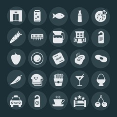 Modern Simple Set of food, hotel, drinks Vector fill Icons. ..Contains such Icons as fish,  can, cherry, food,  soda,  fishing,  red,  cup and more on dark background. Fully Editable. Pixel Perfect.