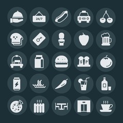 Modern Simple Set of food, hotel, drinks Vector fill Icons. ..Contains such Icons as  lift,  home,  design, hotel,  heater,  dinner,  metal and more on dark background. Fully Editable. Pixel Perfect.