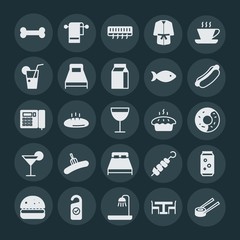 Modern Simple Set of food, hotel, drinks Vector fill Icons. ..Contains such Icons as  bath,  air, bread,  fast, clean,  skeleton,  meal and more on dark background. Fully Editable. Pixel Perfect.