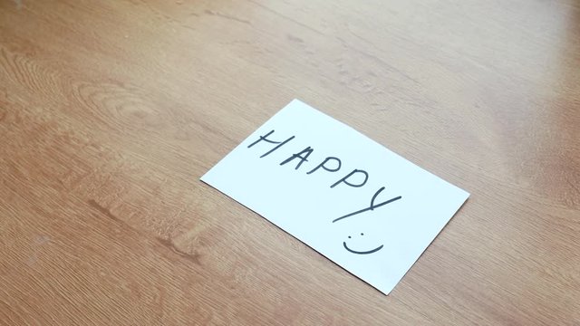 The word writen on the paper unhappy made as happy