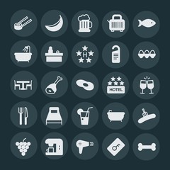 Modern Simple Set of food, hotel, drinks Vector fill Icons. ..Contains such Icons as  espresso,  yellow, bath,  spa,  vector,  salmon,  blow and more on dark background. Fully Editable. Pixel Perfect.