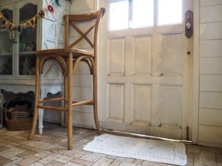 Vintage of wooden chairs, Interior background , Brown wooden chairs in white room, wedding concept.