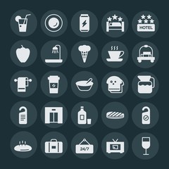 Modern Simple Set of food, hotel, drinks Vector fill Icons. ..Contains such Icons as  wineglass,  suitcase,  paper, plate,  room,  food,  24 and more on dark background. Fully Editable. Pixel Perfect.