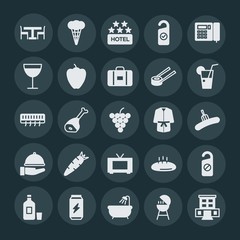 Modern Simple Set of food, hotel, drinks Vector fill Icons. ..Contains such Icons as  vector, stationery,  motel,  steak, meat, bath,  care and more on dark background. Fully Editable. Pixel Perfect.