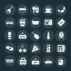 Modern Simple Set of food, hotel, drinks Vector fill Icons. ..Contains such Icons as  24,  lock,  cup,  open,  meal,  steak,  food,  travel and more on dark background. Fully Editable. Pixel Perfect.