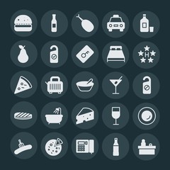 Modern Simple Set of food, hotel, drinks Vector fill Icons. ..Contains such Icons as reception,  city,  hotel,  dinner,  wineglass,  food and more on dark background. Fully Editable. Pixel Perfect.
