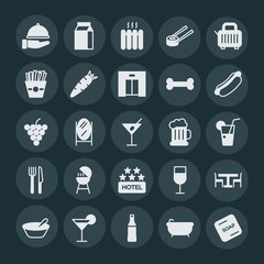 Modern Simple Set of food, hotel, drinks Vector fill Icons. ..Contains such Icons as  house,  wineglass,  drink, wine,  dinner, toaster and more on dark background. Fully Editable. Pixel Perfect.