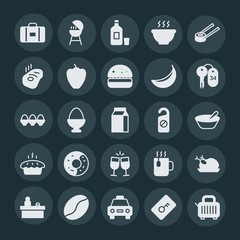 Modern Simple Set of food, hotel, drinks Vector fill Icons. ..Contains such Icons as  white,  roasted,  lock,  desk,  city,  breakfast,  cab and more on dark background. Fully Editable. Pixel Perfect.