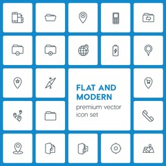 Modern Simple Set of location, folder, mobile Vector outline Icons. ..Contains such Icons as paper,  map,  file,  globe,  add,  paper,  blank and more on dark background. Fully Editable. Pixel Perfect