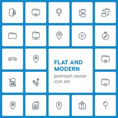 Modern Simple Set of location, folder, mobile Vector outline Icons. ..Contains such Icons as petrol,  computer,  station,  business,  paper and more on dark background. Fully Editable. Pixel Perfect