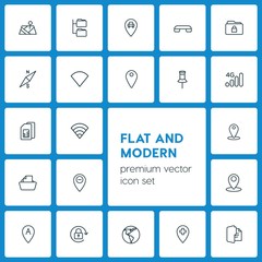 Modern Simple Set of location, folder, mobile Vector outline Icons. ..Contains such Icons as network,  end,  sign,  wifi,  technology,  file and more on dark background. Fully Editable. Pixel Perfect