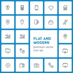 Modern Simple Set of location, folder, mobile Vector outline Icons. ..Contains such Icons as house, location,  marketing, music,  old,  file and more on dark background. Fully Editable. Pixel Perfect