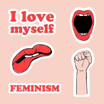 Feminist patches collection. Hand drawing opem mouth, red lips, lettering femenism and fist hand. Vector illustration of feminist symbols and slang words in trendy doodle style. Isolated on beige.