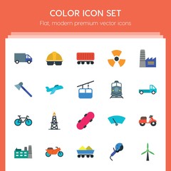 Modern Simple Set of transports, industry Vector flat Icons. ..Contains such Icons as  nuclear,  safety, energy,  cargo,  worker,  danger and more on red background. Fully Editable. Pixel Perfect..