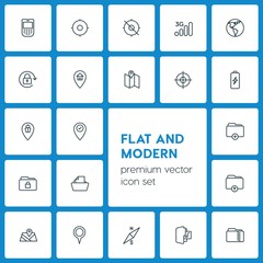 Modern Simple Set of location, folder, mobile Vector outline Icons. ..Contains such Icons as  house,  pin,  direction,  arrow,  3g,  icon and more on dark background. Fully Editable. Pixel Perfect